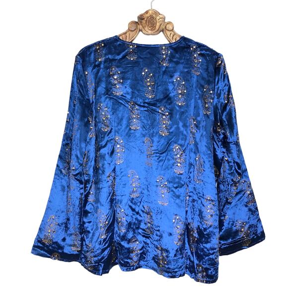 Soft Surroundings Velveteen Button Up Blouse Beaded Sequin Embroidered Blue 3X - Picture 2 of 9